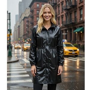 Vera Wang Women's Hooded Coat Noely Style Black Shiny Nylon Packable - Size L